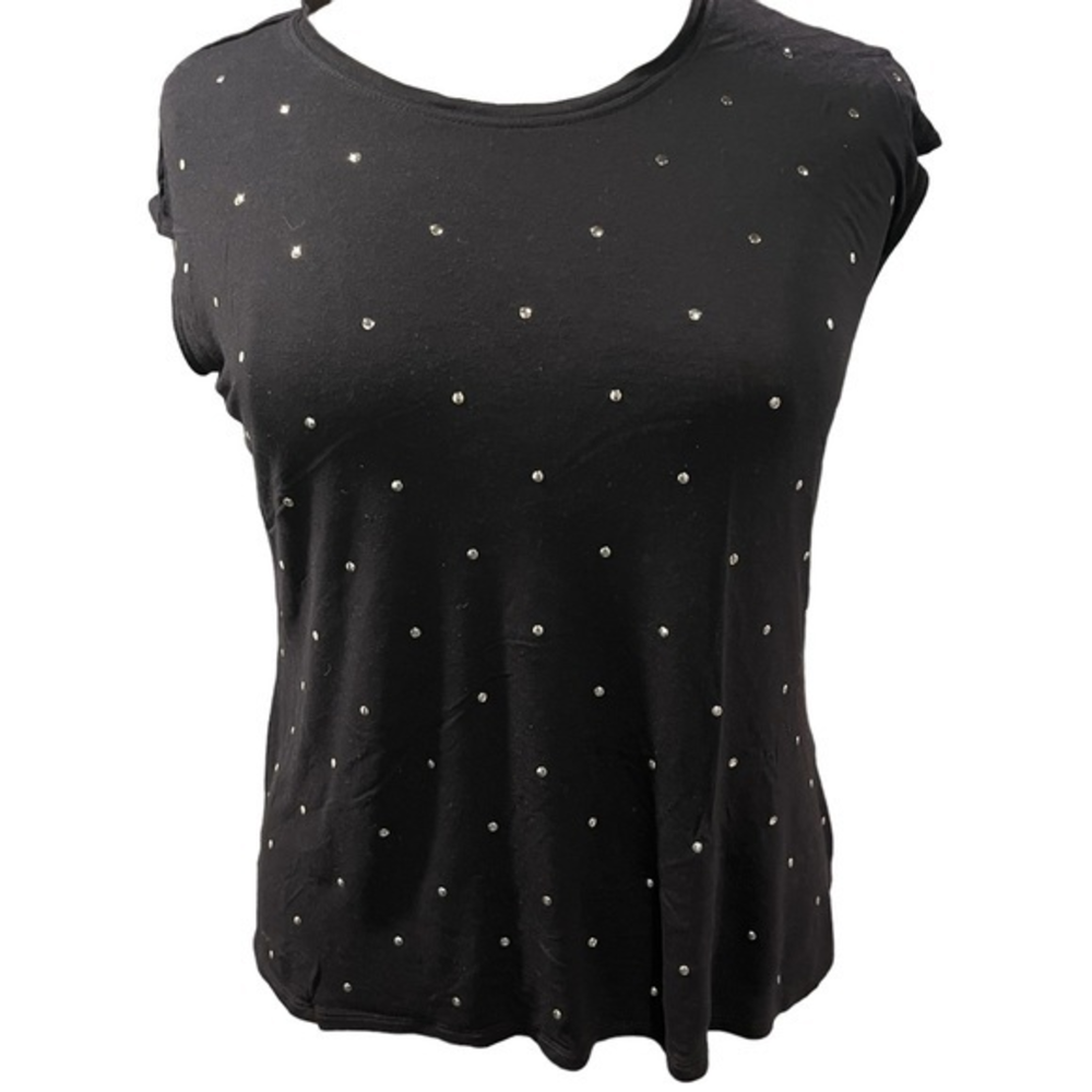 a.n.a A New Approach Womens Black Rhinestone Embellished Cap Sleeve Top Lrge #DB